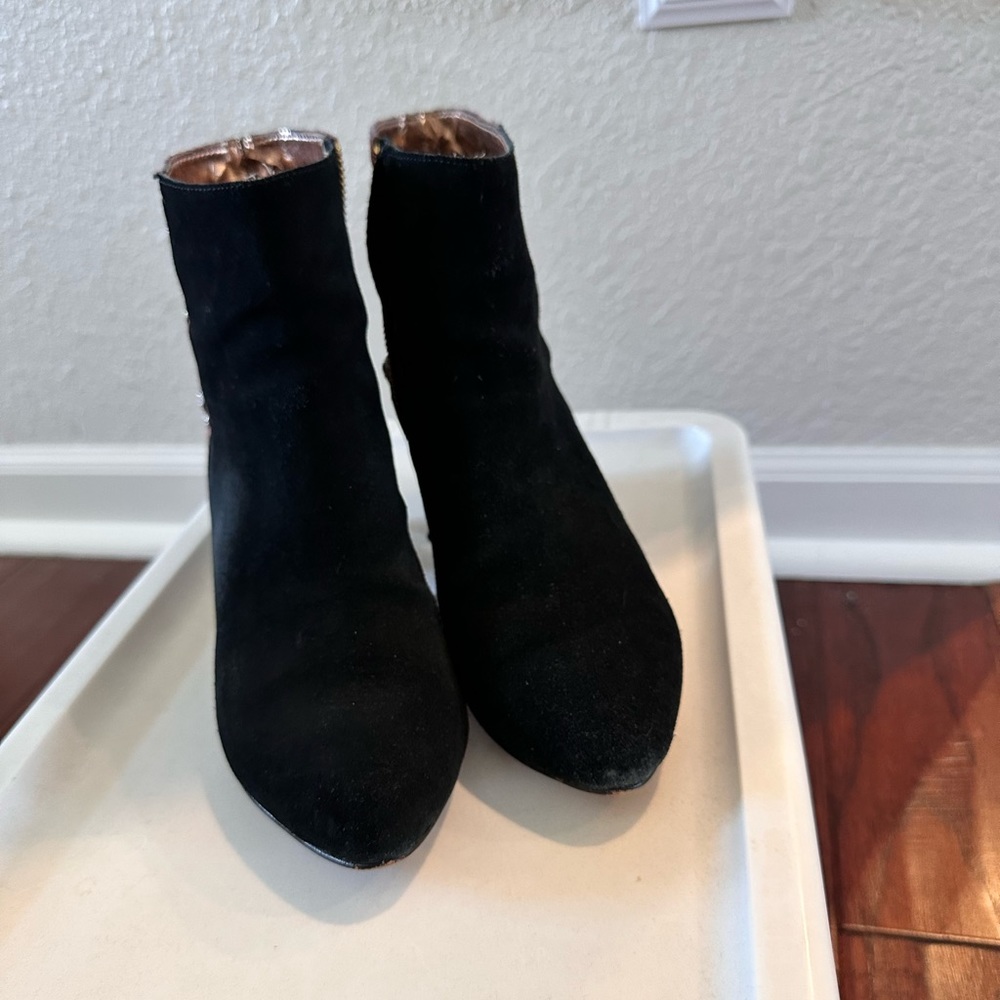 Anthropologie black & pink suede booties with rhinestones by Miss All Bright